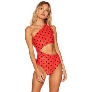Beach Riot XS One Piece Swimsuit Celine Red Black Polka Dot One Shoulder Swim